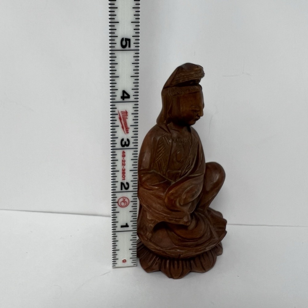 Hand Carved Wood Guanyin Bodhisattva Statuette Asian Royal Ease Pose Figure 4.8" - Picture 16 of 16